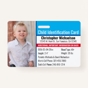 Child ID Identification Emergency Allergy Photo ID Badge