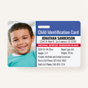 Child ID Identification Emergency Allergy Photo ID Badge