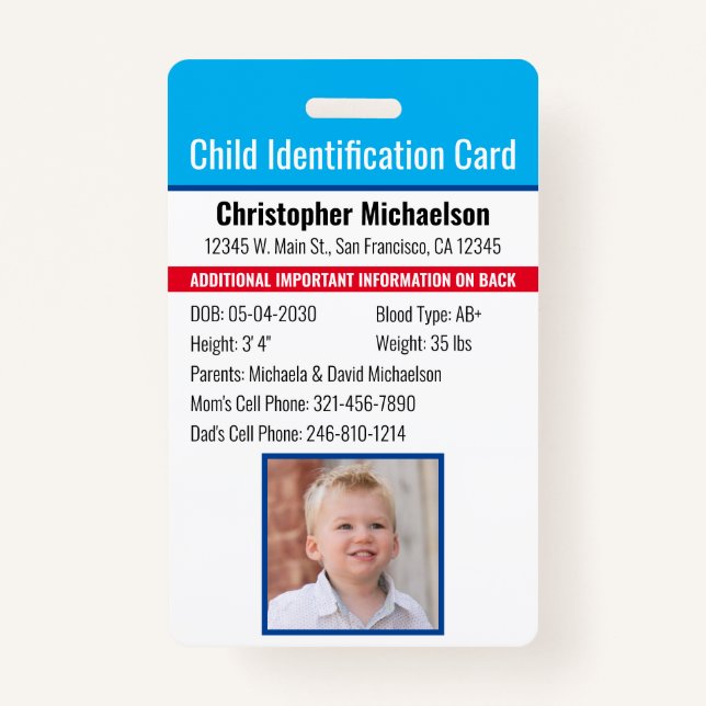 Child ID Identification Emergency Allergy Photo ID Badge (Front)