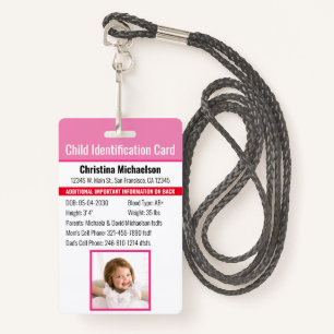 Child ID Identification Emergency Allergy Photo ID Badge