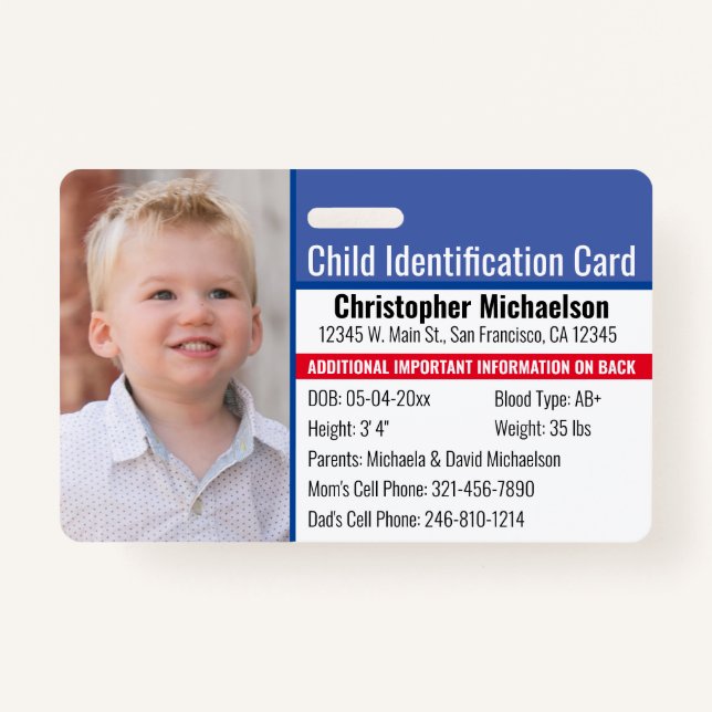 Child ID Identification Emergency Allergy Photo ID Badge (Front)