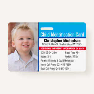 Child ID Identification Emergency Allergy Photo ID Badge
