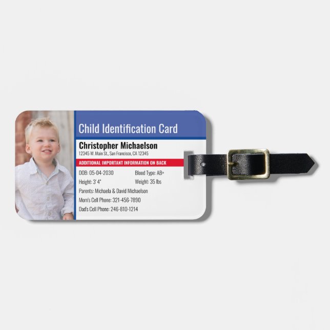 Child ID Identification Emergency Allergy Photo Luggage Tag (Front Horizontal)