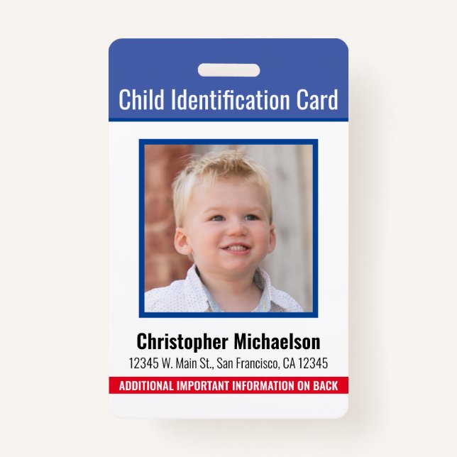 Child ID Identification Medical Allergy Emergency ID Badge (Front)
