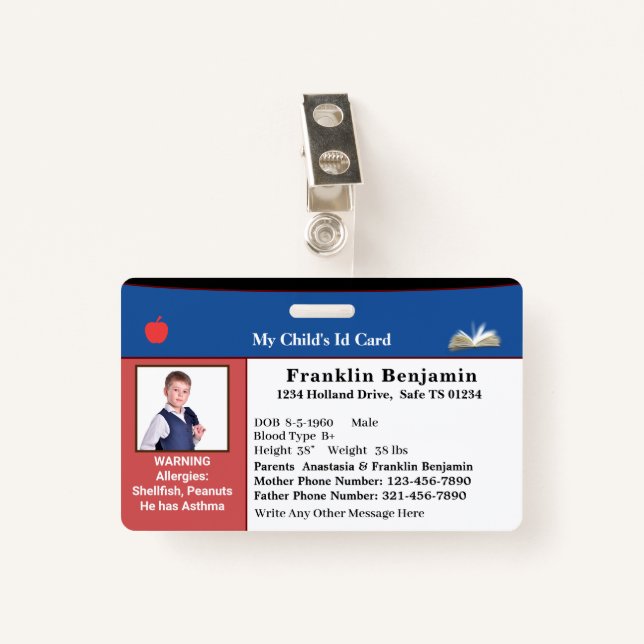 Child ID Identification Photo Card Custom Badge ID Badge (Front with Clip)