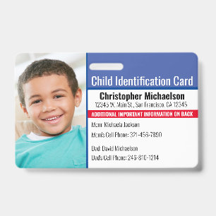 Child ID Medical Emergency Allergy Photo Badge
