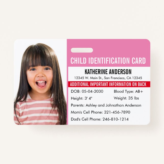 Child ID Medical Identification Emergency Allergy ID Badge (Front)