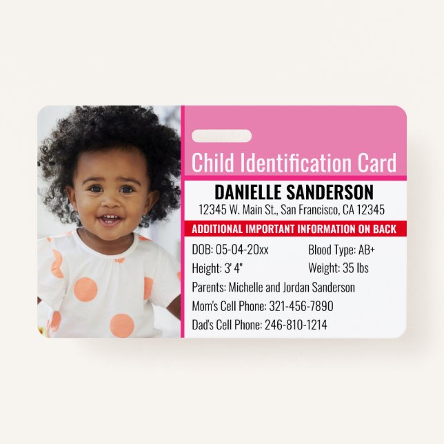 Child ID Photo Identification Emergency Allergy ID Badge (Front)