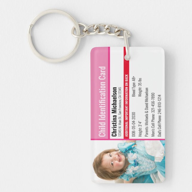 Child ID Photo Identification Emergency Allergy Key Ring (Front)