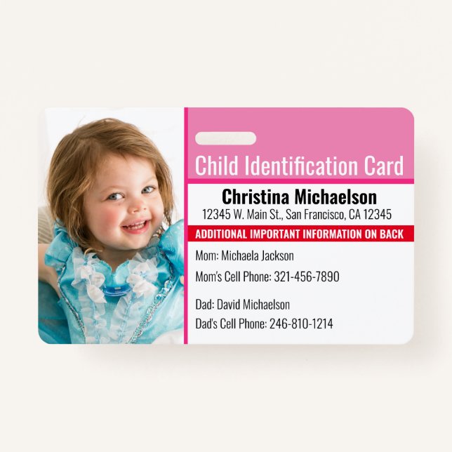 Child ID Photo Medical Emergency Allergy ID Badge (Front)