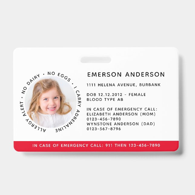 Child Identification Allergy Alert Emergency ID Badge (Front)