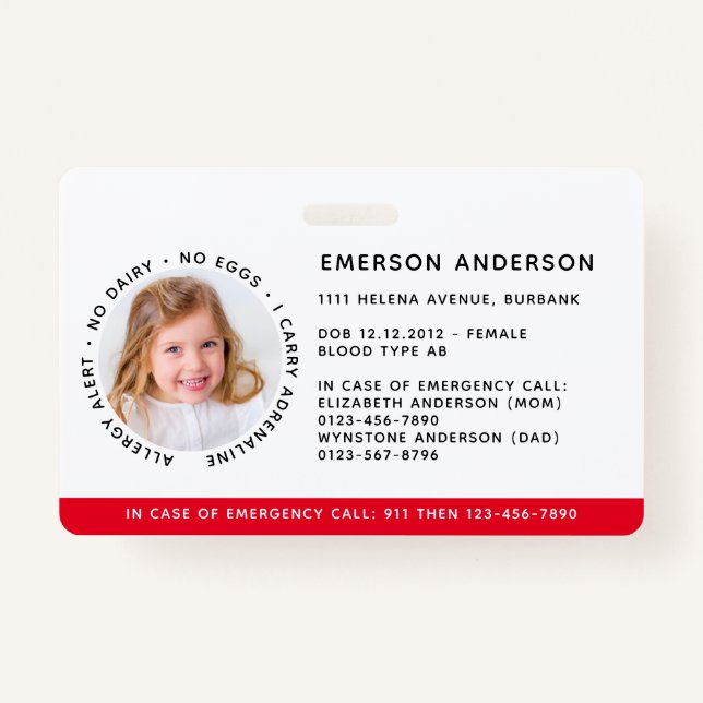 Child Identification Allergy Alert Emergency ID ID Badge (Front)