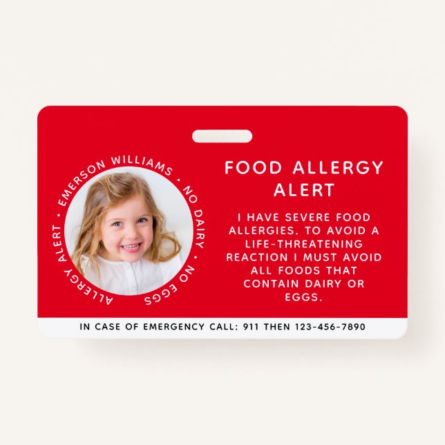 Child Identification Allergy Alert Emergency ID ID Badge (Front)