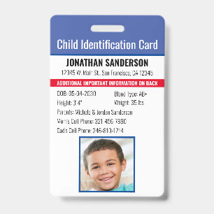 Child Identification Emergency Allergy Photo ID Badge