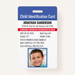 Child Identification Emergency Allergy Photo ID ID Badge