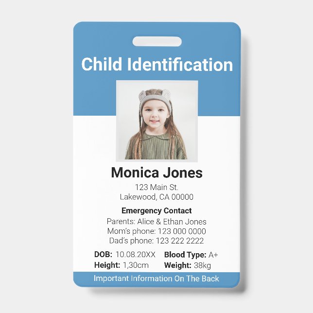 Child Identification Photo Blue ID Badge (Front)