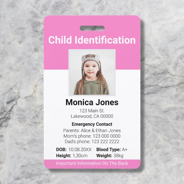 Child Identification Photo Soft Pink ID Badge (Creator Uploaded)