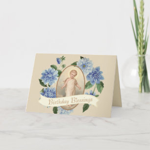 Child Jesus Blue  Floral Wreath Religious Card