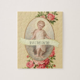 Child Jesus Religious with Vintage Pink & Red Rose Jigsaw Puzzle