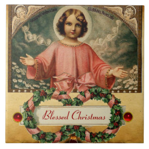 CHILD JESUS WITH ANGELS AND CHRISTMAS CROWNS CERAMIC TILE