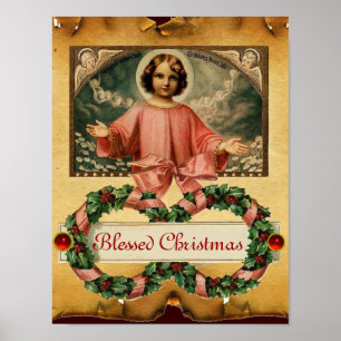 CHILD JESUS WITH ANGELS AND CHRISTMAS CROWNS POSTER