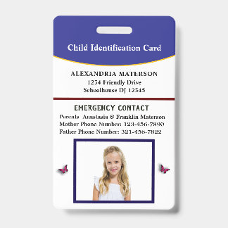 Child Kid ID Identification Emergency Card  Badge