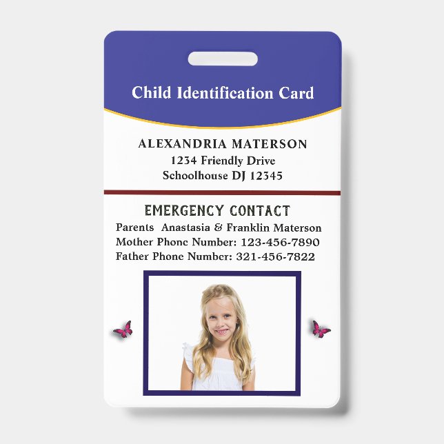 Child Kid ID Identification Emergency Card  Badge (Front)