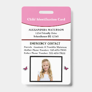 Child Kid ID Identification Emergency Card Badge