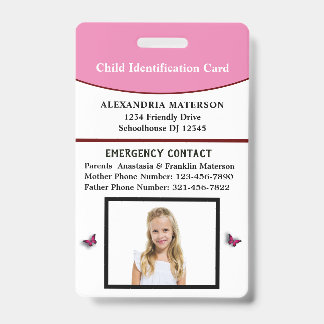 Child Kid ID Identification Emergency Card Badge