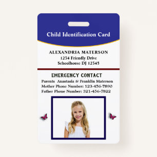 Child Kid ID Identification Emergency Card  ID Badge