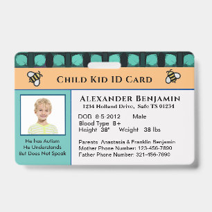 Child Kid ID Identification Personalise Card  Badge