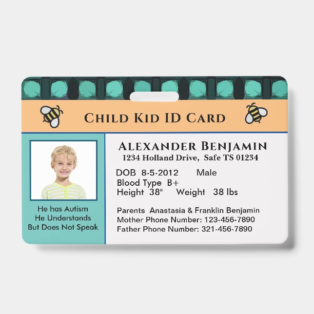 Child Kid ID Identification Personalise Card  Badge (Front)