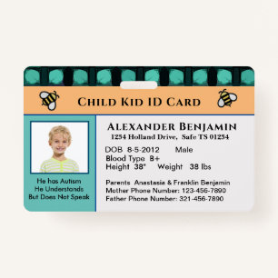 Child Kid ID Identification Personalise Card  ID Badge