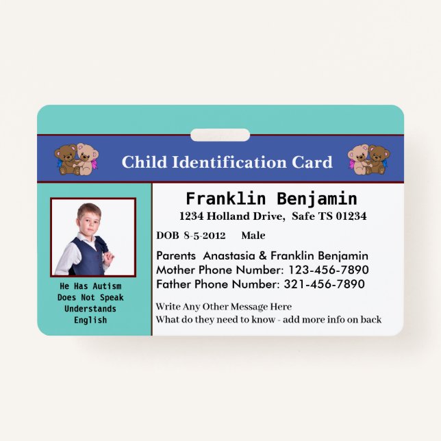Child Kids Photo ID Identification Card Custom  ID Badge (Front)