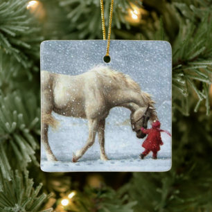 Child Leading A Horse In The Snow Holiday Ceramic Ornament