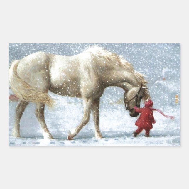 Child Leading A Horse In The Snow Rectangular Sticker (Front)