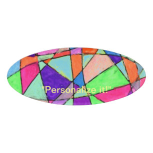 Child like multiple coloured crayon triangles name tag