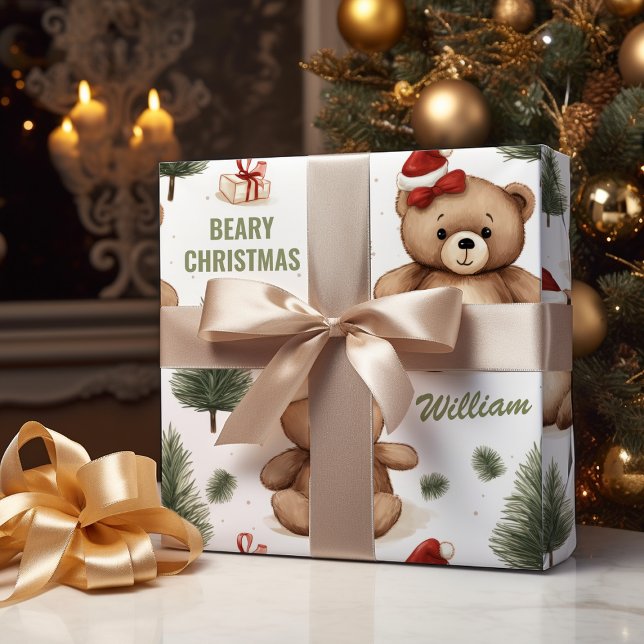 Child Name Teddy Bear Christmas  Wrapping Paper (Creator Uploaded)
