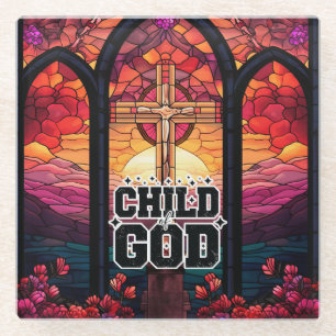 Child of God Stained Glass Cross Sunset Faith Coaster
