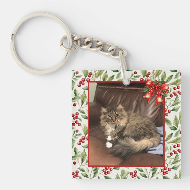 Child or Pet Photo - Holly and Berries  Key Ring (Front)