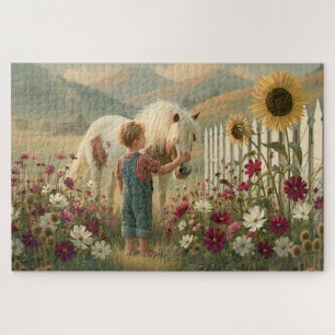 Child Pony Wildflowers Mountains Meadow Jigsaw Puzzle
