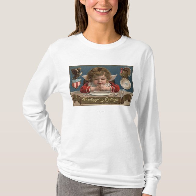 Child Praying at Dinner-Table T-Shirt (Front)