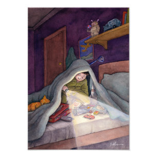 Child Reading Book Under Blanket With Flashlight Photo Print