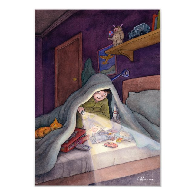 Child Reading Book Under Blanket With Flashlight Photo Print (Front)