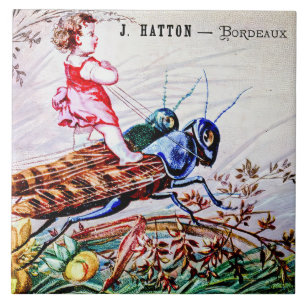 Child Riding Grasshoppers Ceramic Tile