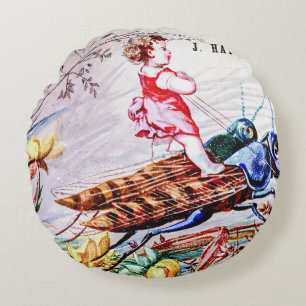 Child Riding Grasshoppers Round Cushion