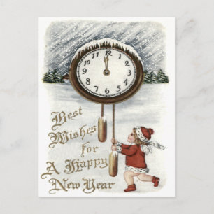 Child Snow Winter Clock New Year Holiday Postcard