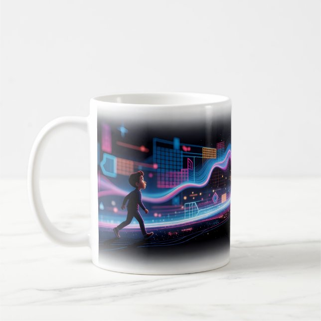 Child Steps Into a Swirling Neon Grid Mug (Left)