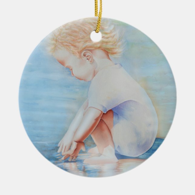 Child toddler on beach lakefront water scene  ceramic ornament (Front)