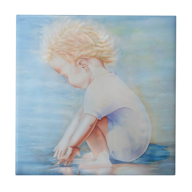 Child toddler on beach lakefront water scene  ceramic tile (Front)